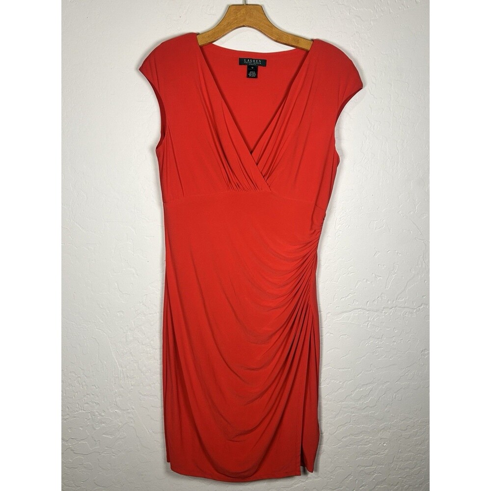 Lauren Ralph Lauren Red Draped V Neck Sheath Dress Sz 12 Elegant Cocktail Career
